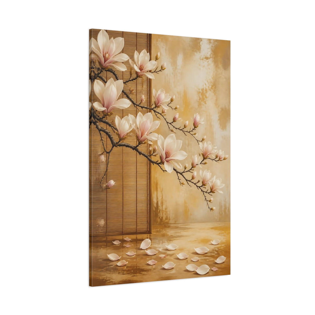 Side Mockup 1. Floral Magnolia Flowers Pink Magnolia Gold shown as stretched canvas wall art