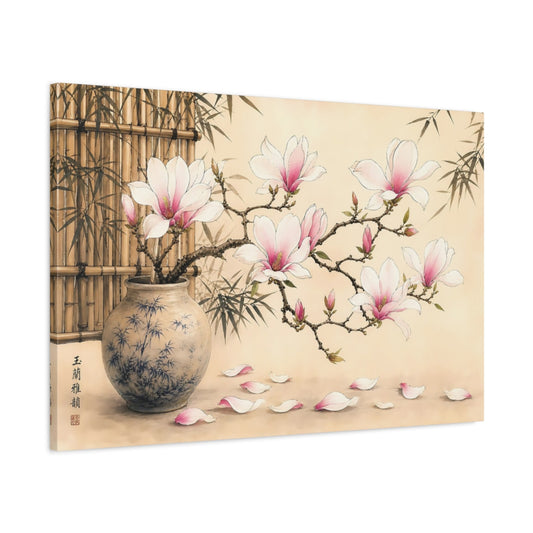 Main Mockup. Floral Magnolia Flowers Pink Magnolia shown as stretched canvas wall art