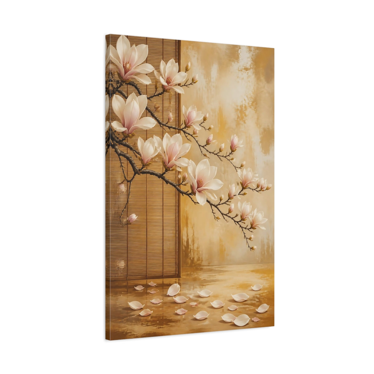 Main Mockup. Floral Magnolia Flowers Pink Magnolia Gold shown as stretched canvas wall art