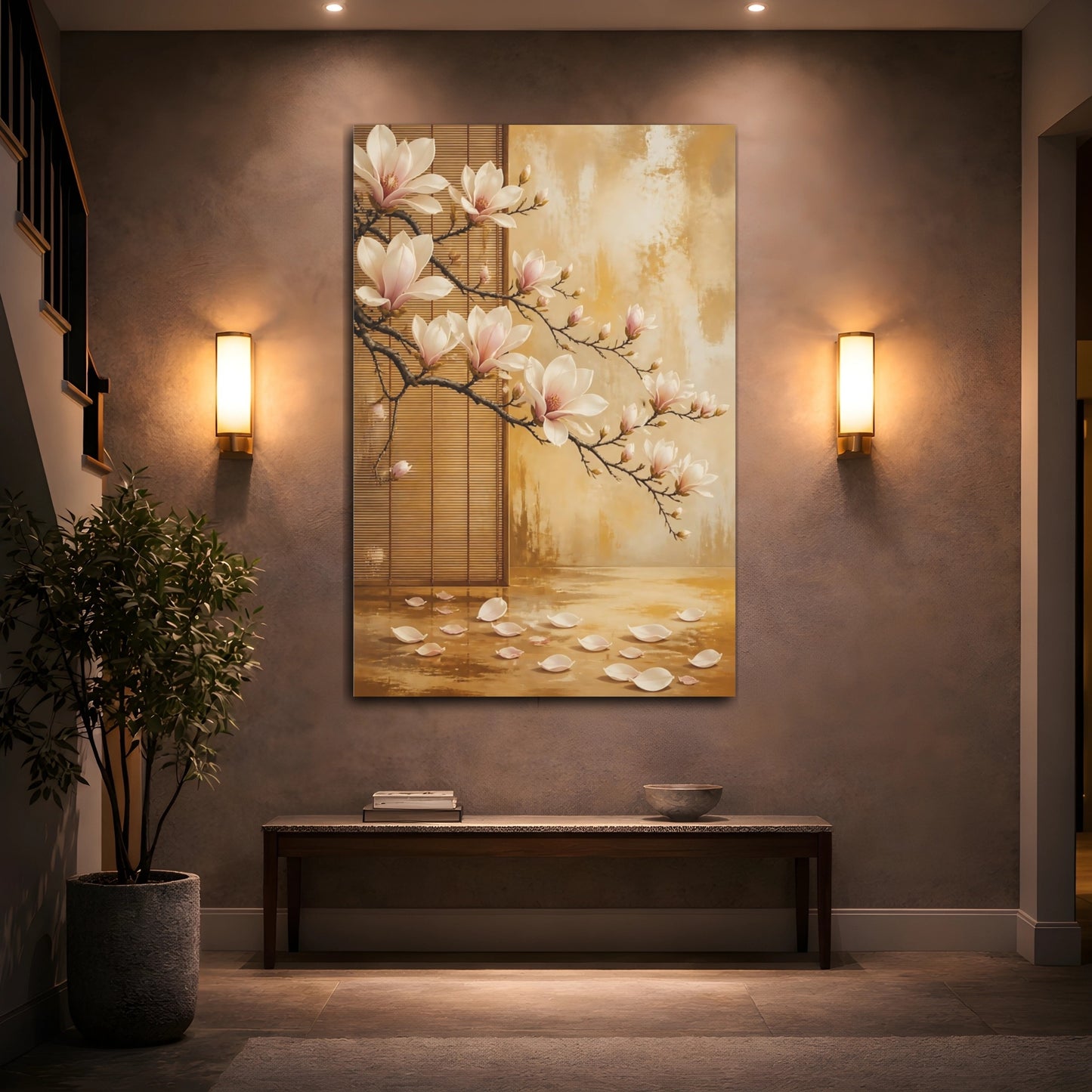 Mockup 2. Floral Magnolia Flowers Pink Magnolia Gold shown as stretched canvas wall art