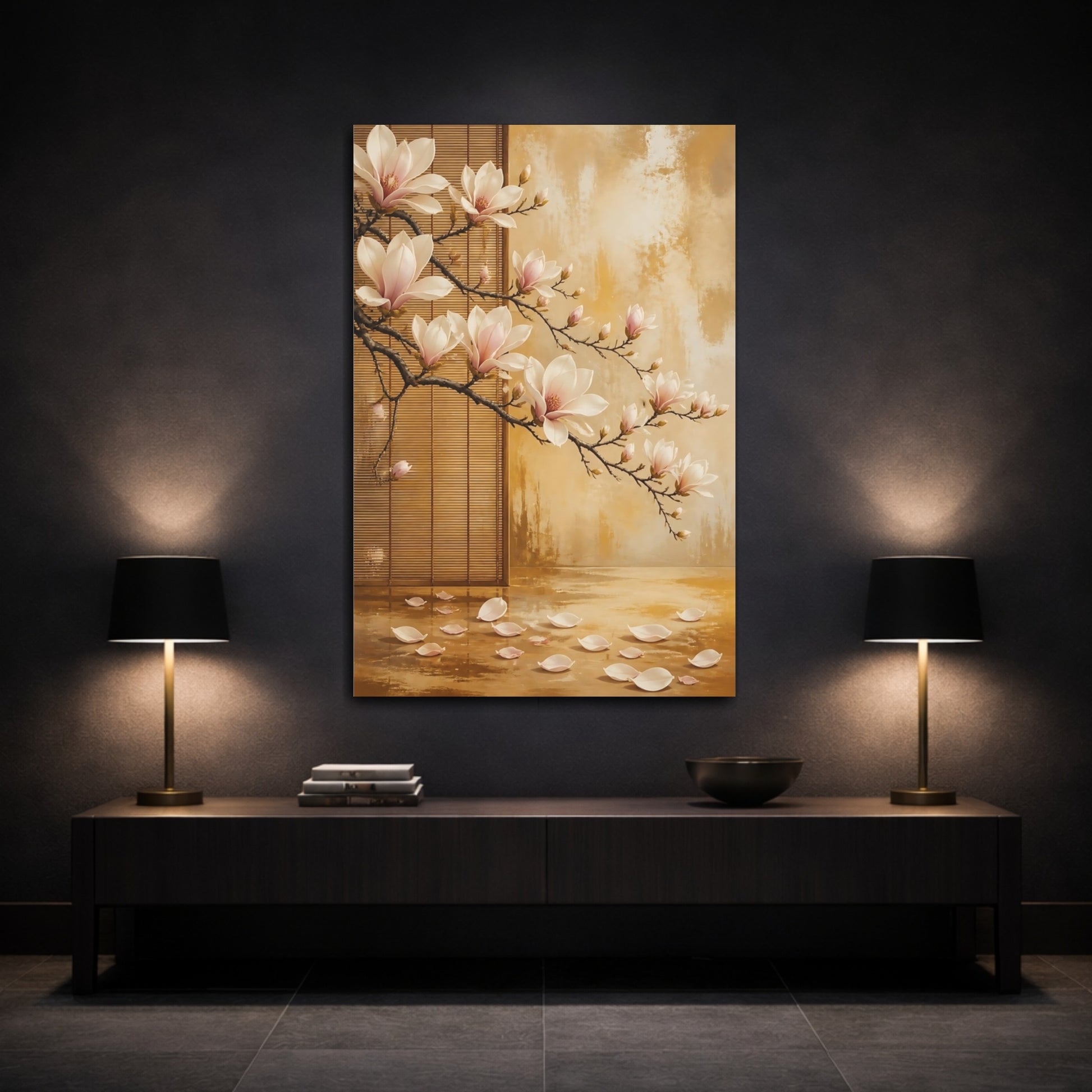 Mockup 3. Floral Magnolia Flowers Pink Magnolia Gold shown as stretched canvas wall art