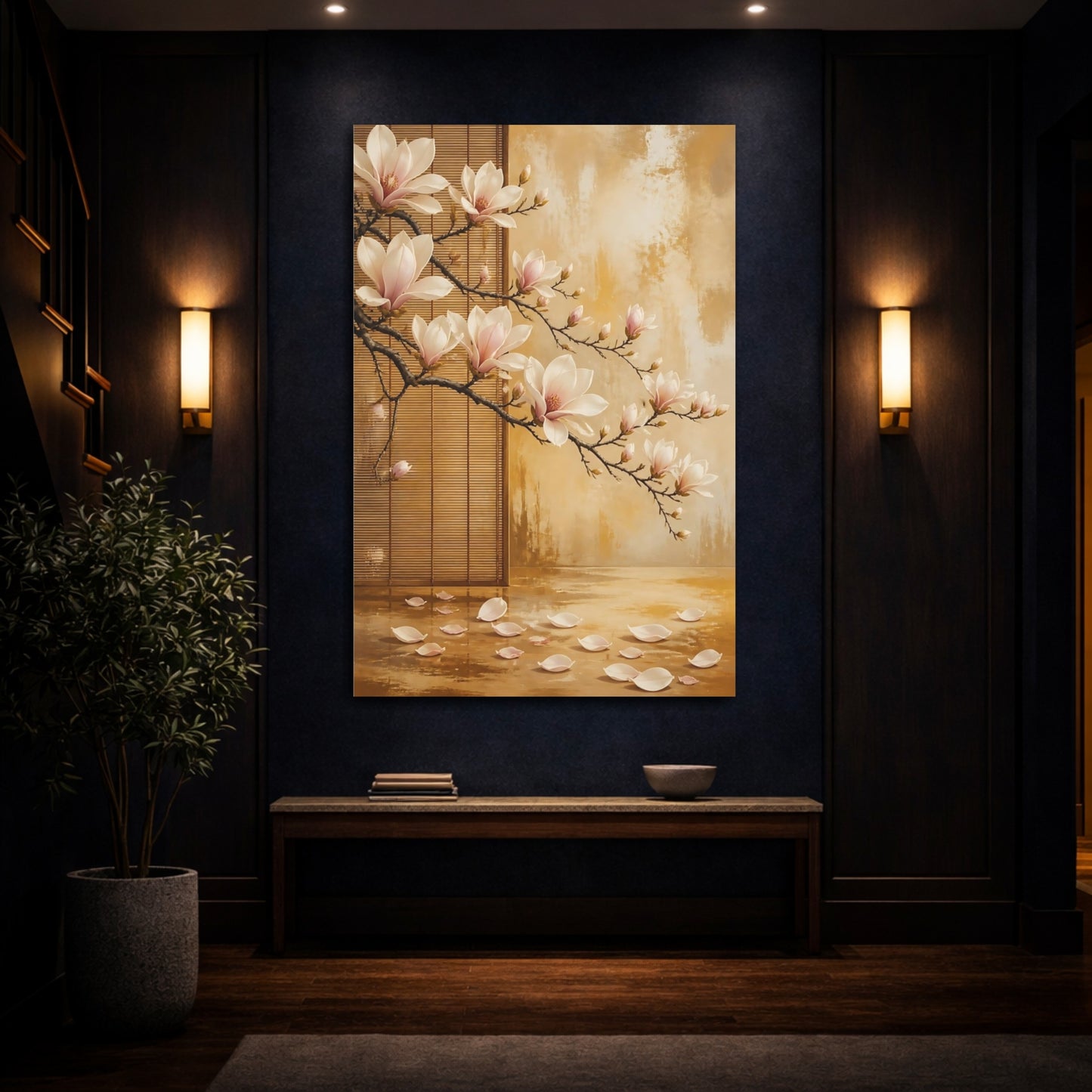 Mockup 4. Floral Magnolia Flowers Pink Magnolia Gold shown as stretched canvas wall art