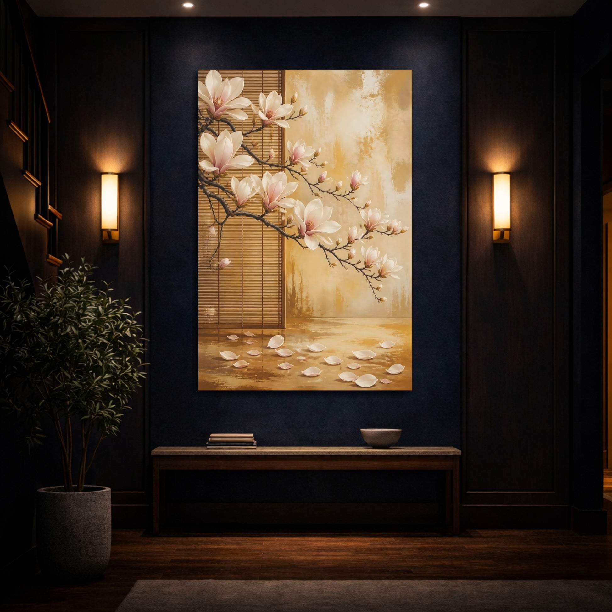 Mockup 4. Floral Magnolia Flowers Pink Magnolia Gold shown as stretched canvas wall art