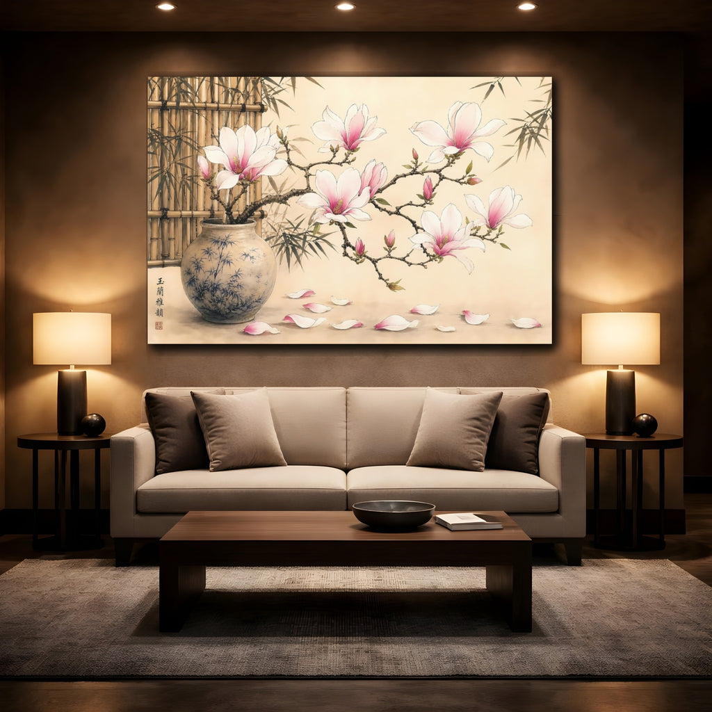 Mockup 2. Floral Magnolia Flowers Pink Magnolia shown as stretched canvas wall art