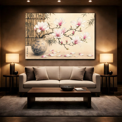 Mockup 2. Floral Magnolia Flowers Pink Magnolia shown as stretched canvas wall art