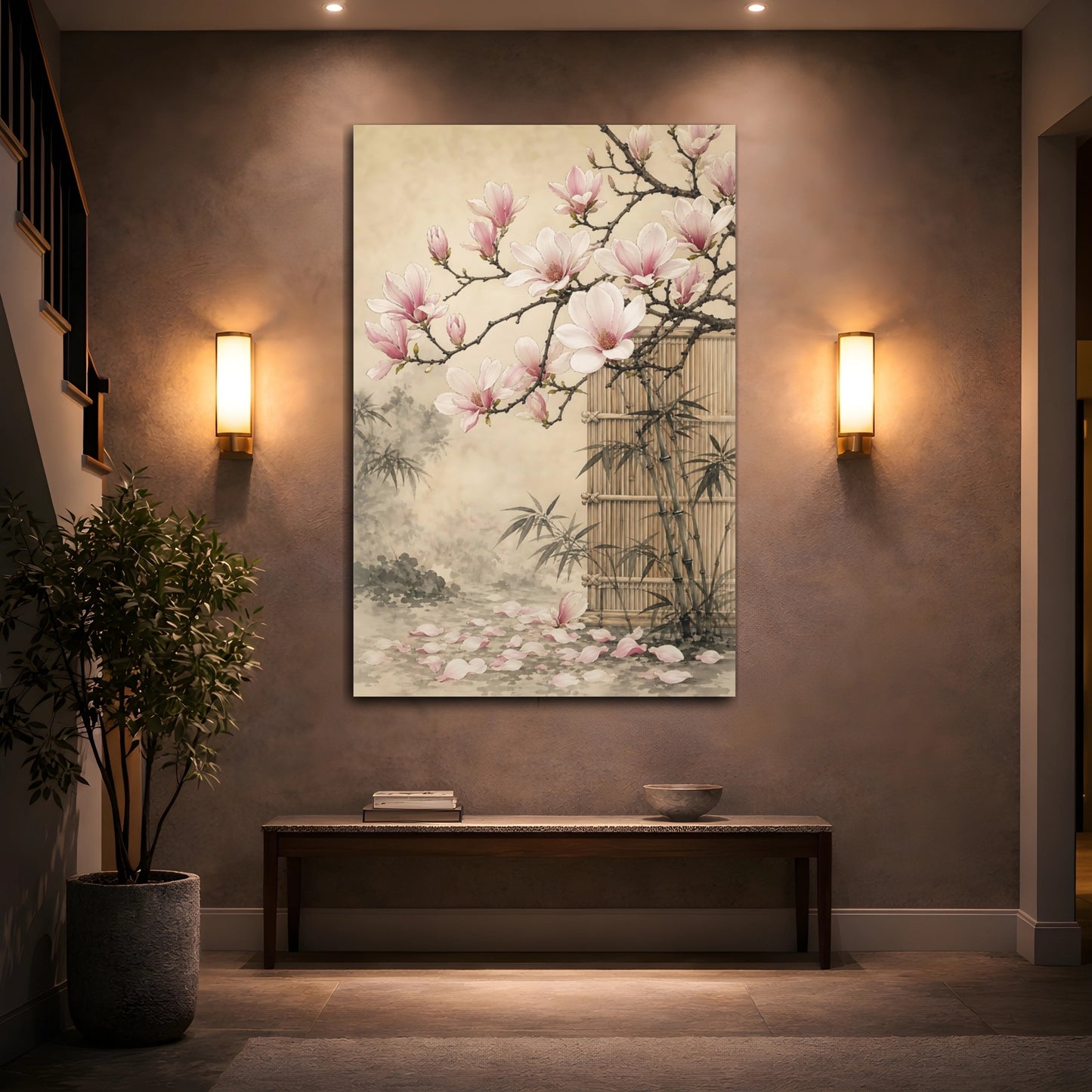 Mockup 2. Floral Magnolia Flowers Pink Magnolia shown as stretched canvas wall art