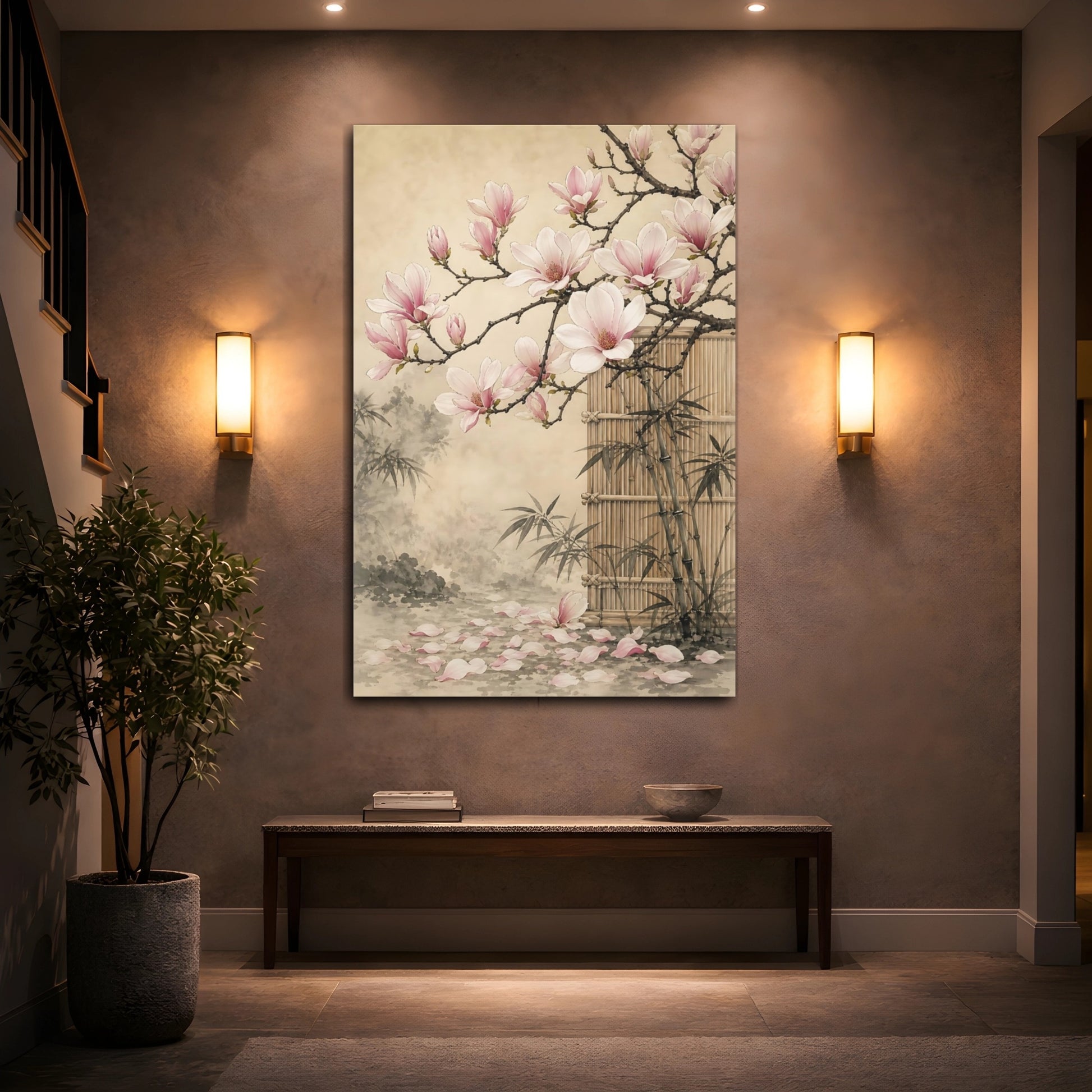 Mockup 2. Floral Magnolia Flowers Pink Magnolia shown as stretched canvas wall art