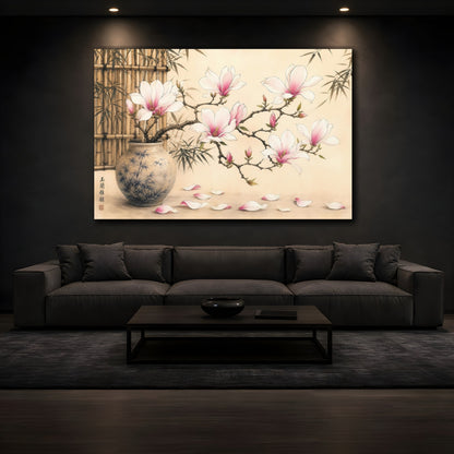 Mockup 3. Floral Magnolia Flowers Pink Magnolia shown as stretched canvas wall art