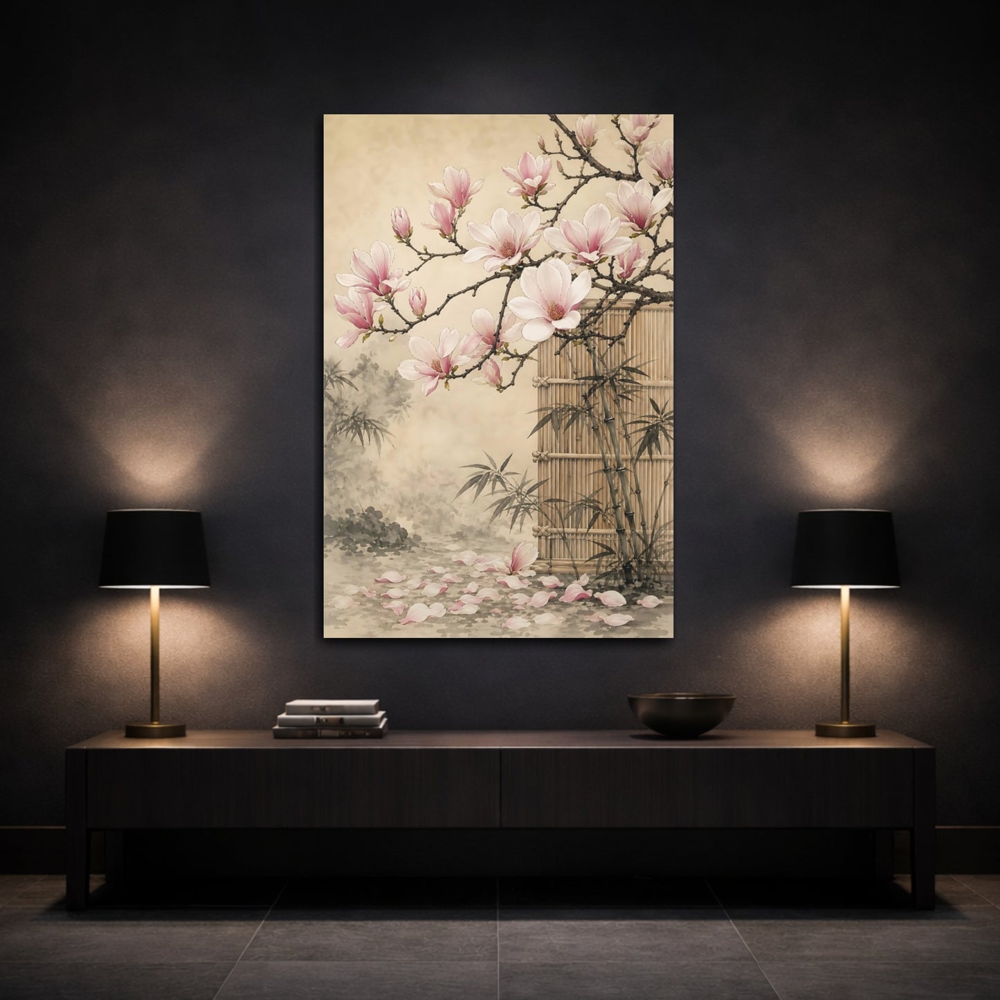 Mockup 3. Floral Magnolia Flowers Pink Magnolia shown as stretched canvas wall art