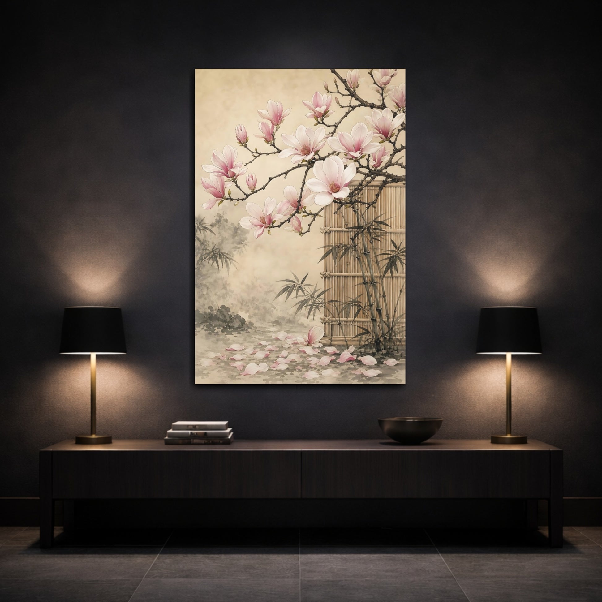Mockup 3. Floral Magnolia Flowers Pink Magnolia shown as stretched canvas wall art