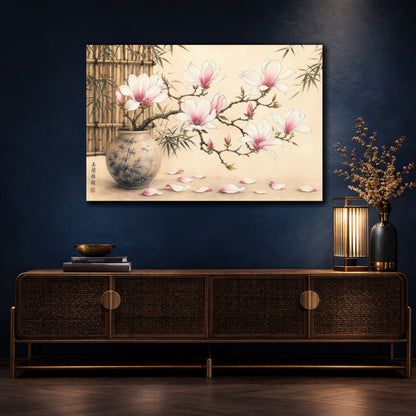 Mockup 4. Floral Magnolia Flowers Pink Magnolia shown as stretched canvas wall art