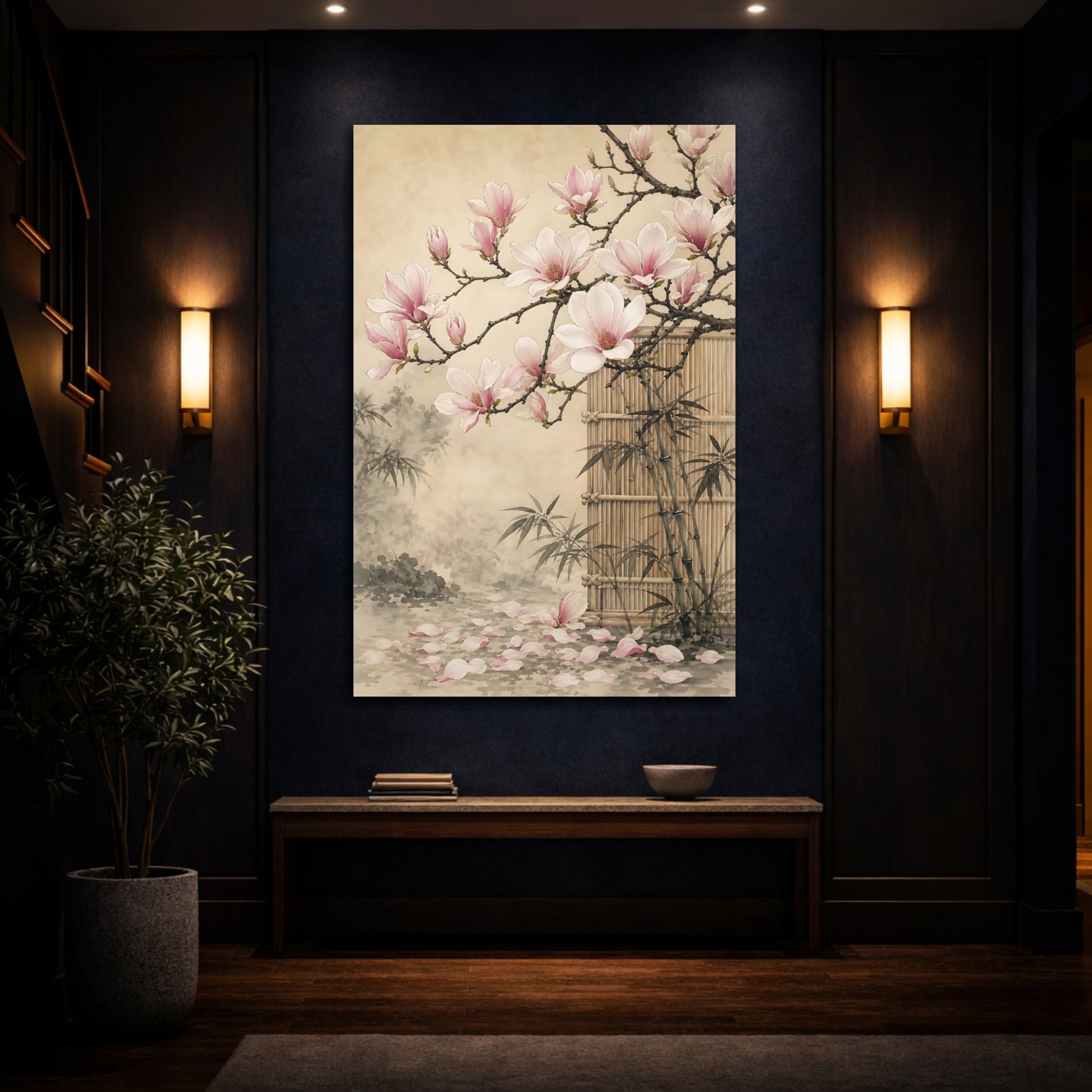 Mockup 4. Floral Magnolia Flowers Pink Magnolia shown as stretched canvas wall art
