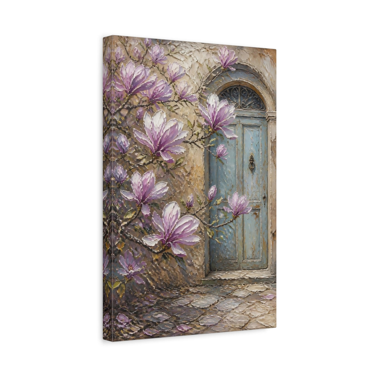 Side Mockup 4. Floral Magnolia Flowers Purple Magnolia shown as stretched canvas wall art