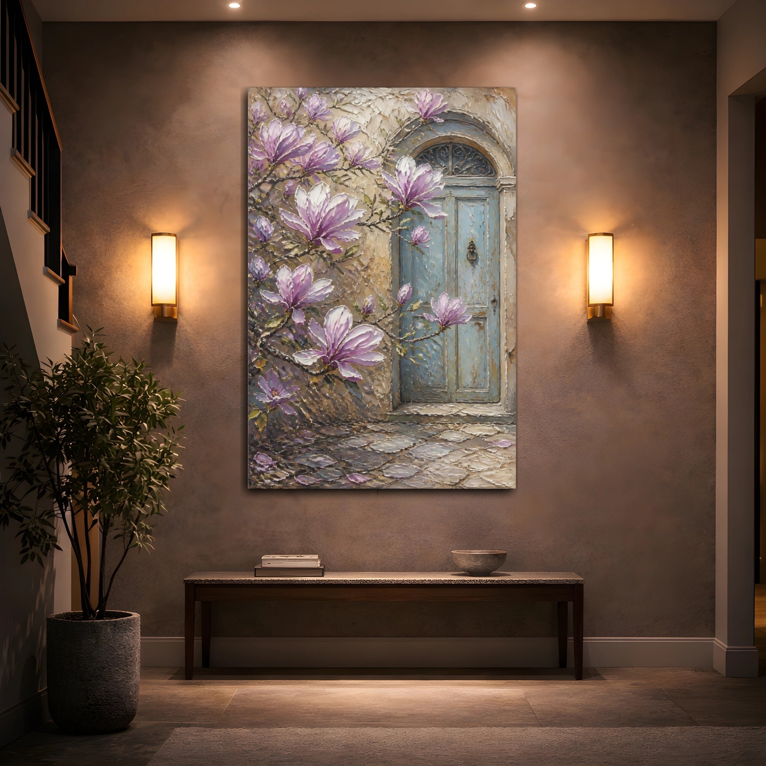Mockup 2. Floral Magnolia Flowers Purple Magnolia shown as stretched canvas wall art