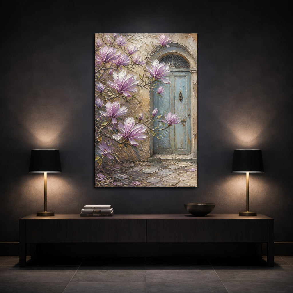 Mockup 3. Floral Magnolia Flowers Purple Magnolia shown as stretched canvas wall art