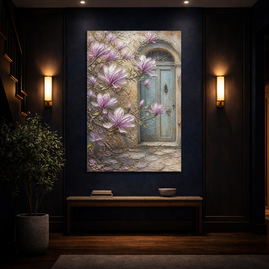 Mockup 4. Floral Magnolia Flowers Purple Magnolia shown as stretched canvas wall art
