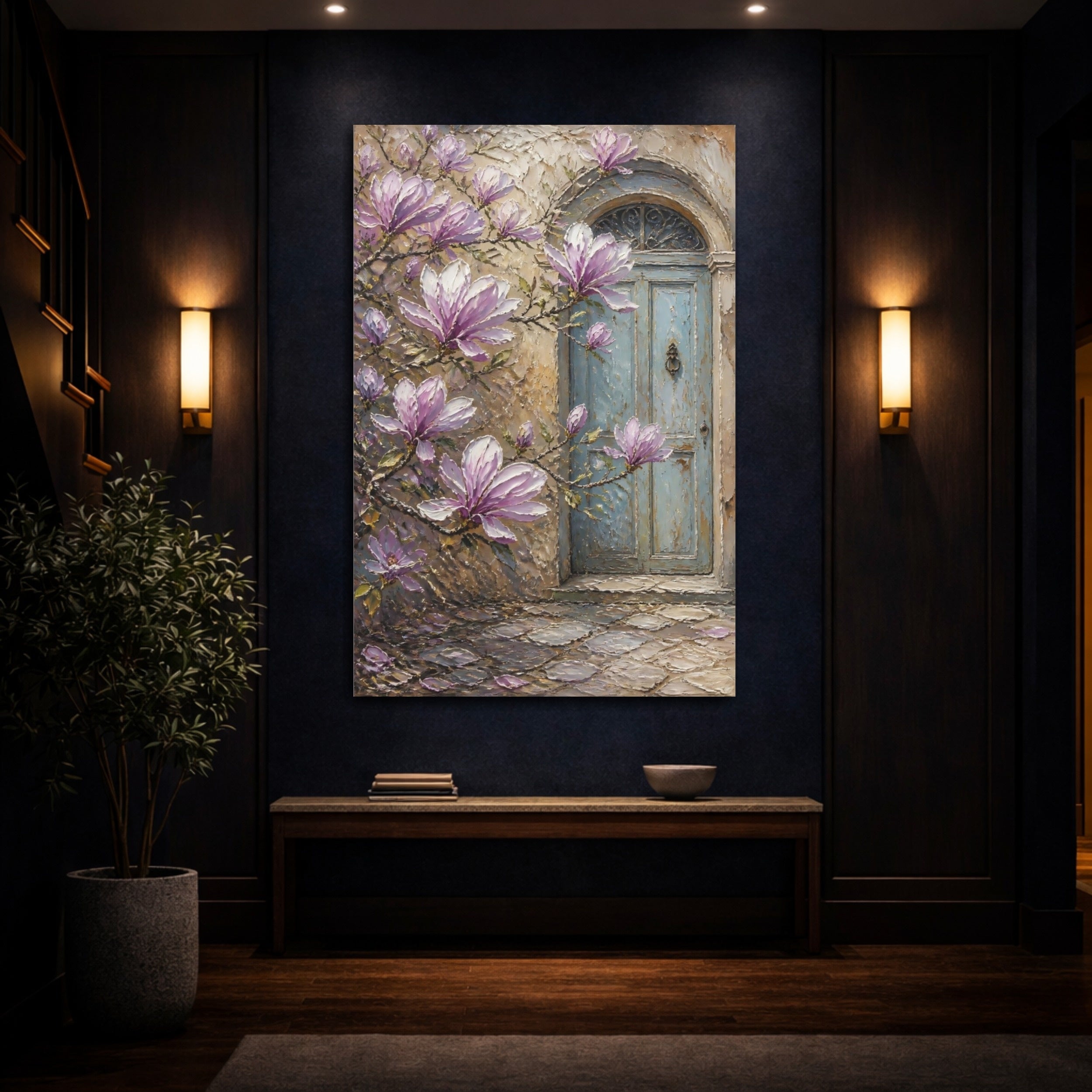 Mockup 4. Floral Magnolia Flowers Purple Magnolia shown as stretched canvas wall art