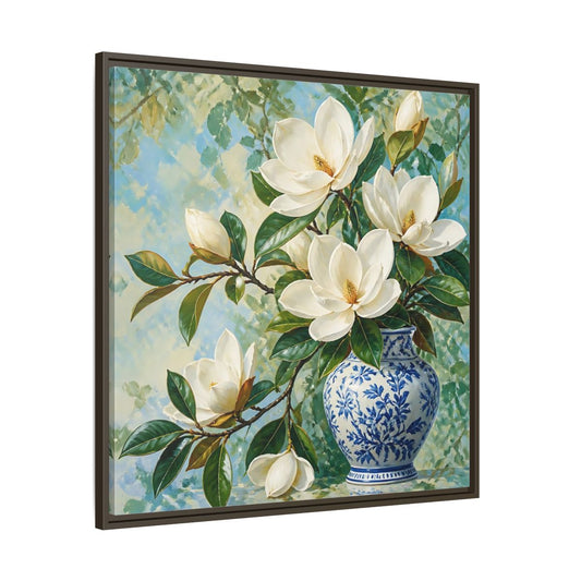 Main Mockup. Floral Magnolia Flowers White Blue Floral shown as stretched canvas wall art