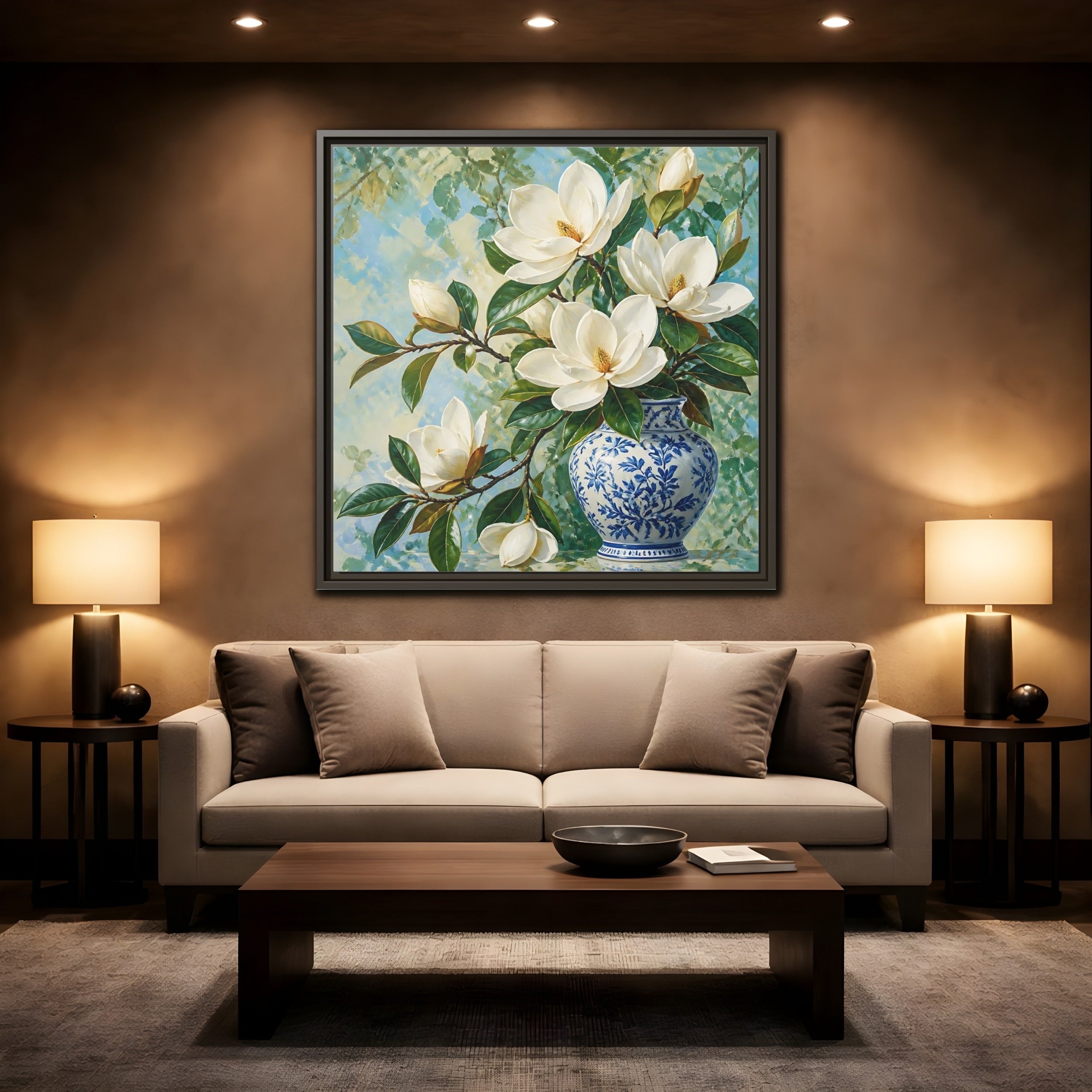 Mockup 2. Floral Magnolia Flowers White Blue Floral shown as stretched canvas wall art