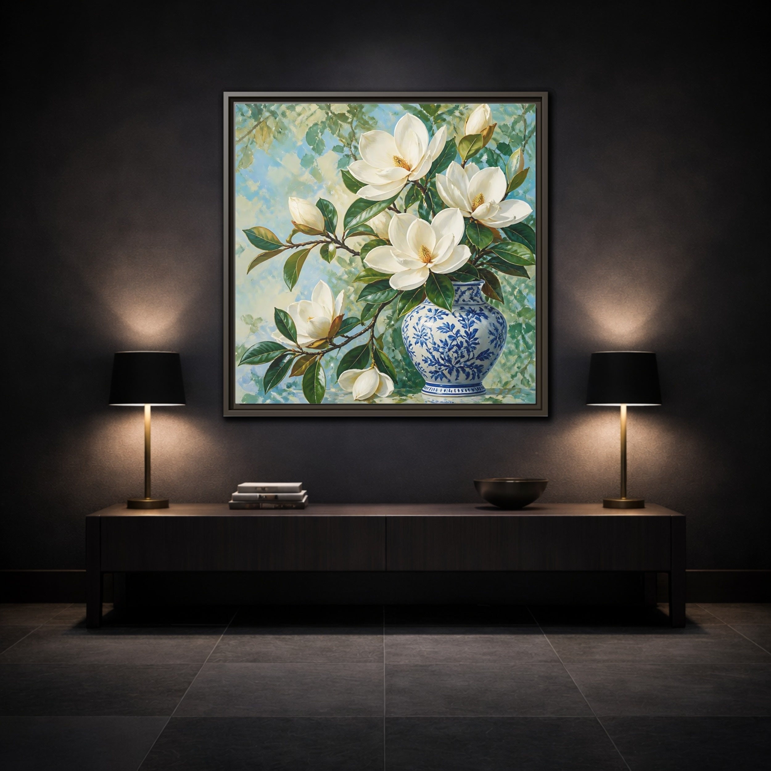 Mockup 3. Floral Magnolia Flowers White Blue Floral shown as stretched canvas wall art