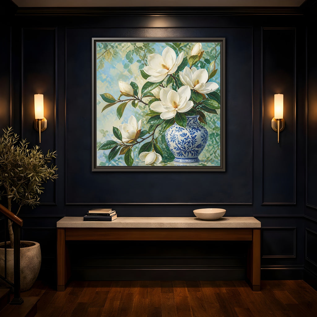 Mockup 4. Floral Magnolia Flowers White Blue Floral shown as stretched canvas wall art