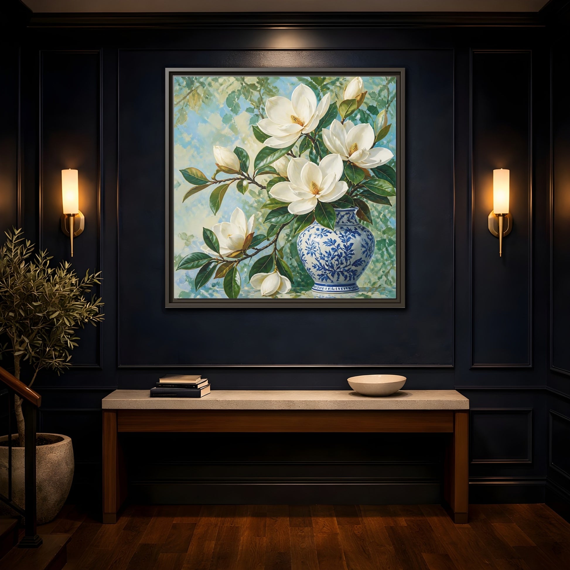 Mockup 4. Floral Magnolia Flowers White Blue Floral shown as stretched canvas wall art