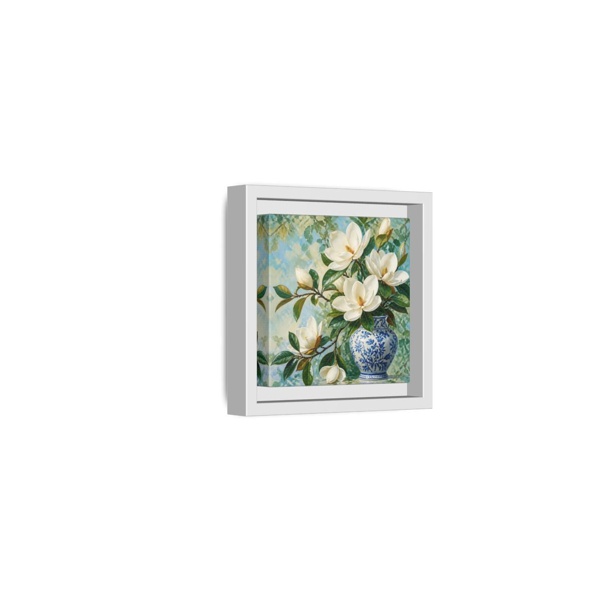 Side Mockup 22. Floral Magnolia Flowers White Blue Floral shown as stretched canvas wall art