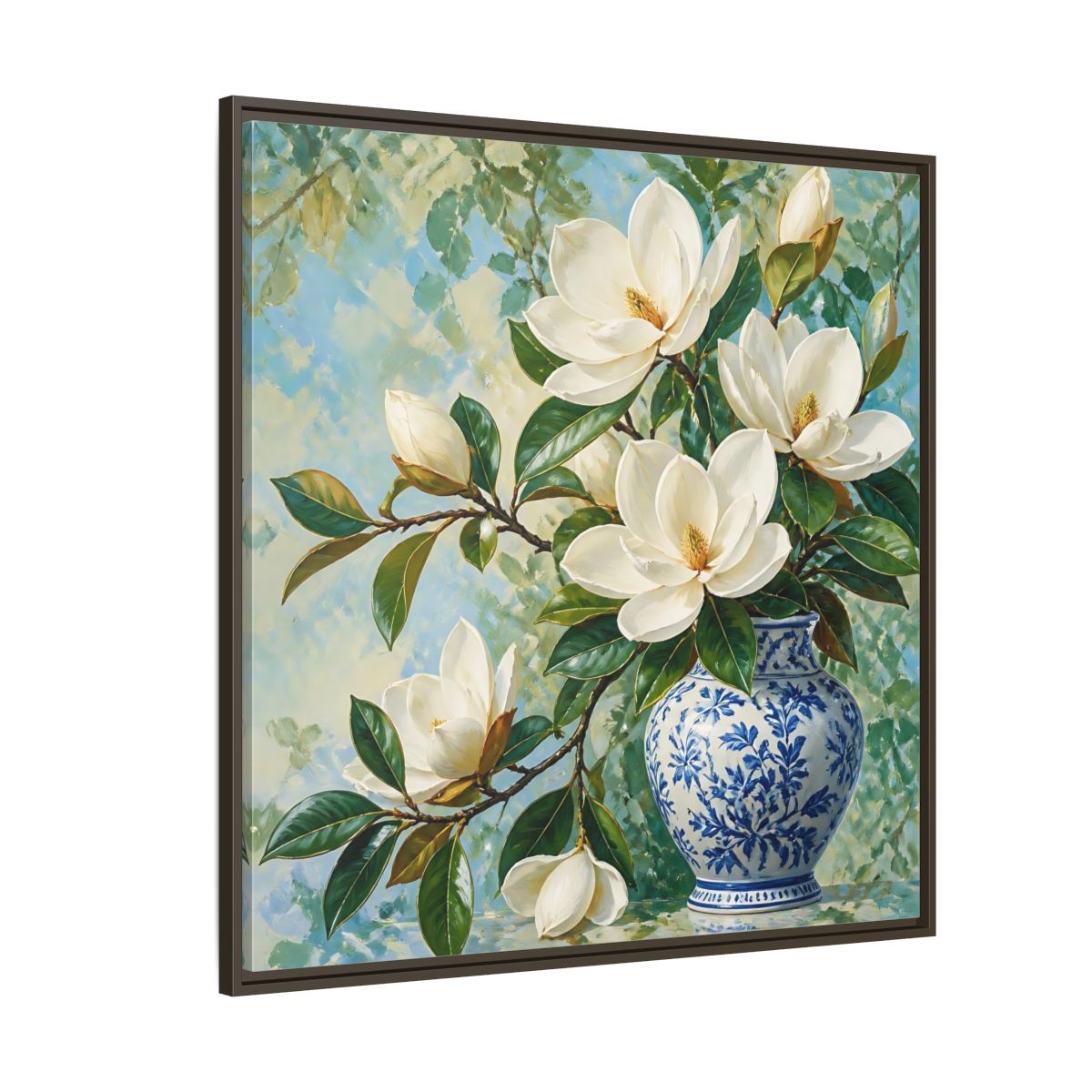 Side Mockup 5. Floral Magnolia Flowers White Blue Floral shown as stretched canvas wall art