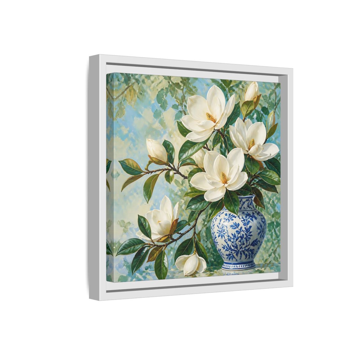 Side Mockup 16. Floral Magnolia Flowers White Blue Floral shown as stretched canvas wall art