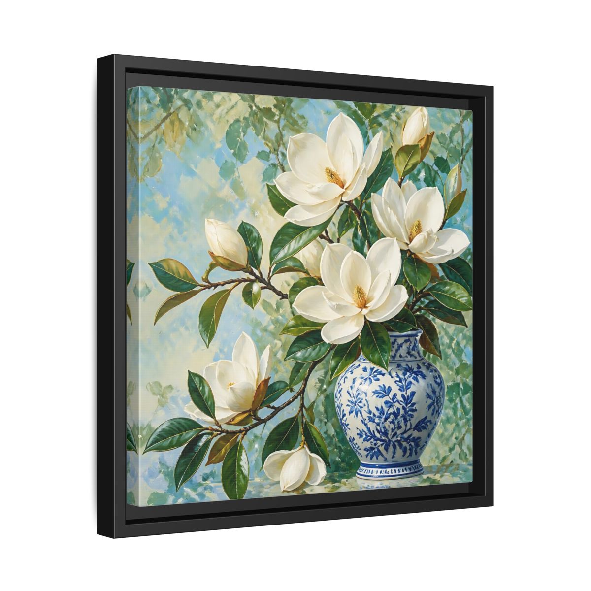 Side Mockup 32. Floral Magnolia Flowers White Blue Floral shown as stretched canvas wall art