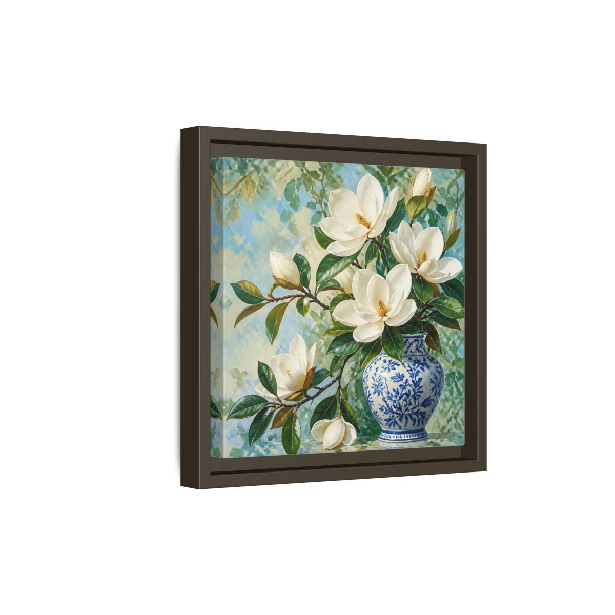 Side Mockup 20. Floral Magnolia Flowers White Blue Floral shown as stretched canvas wall art