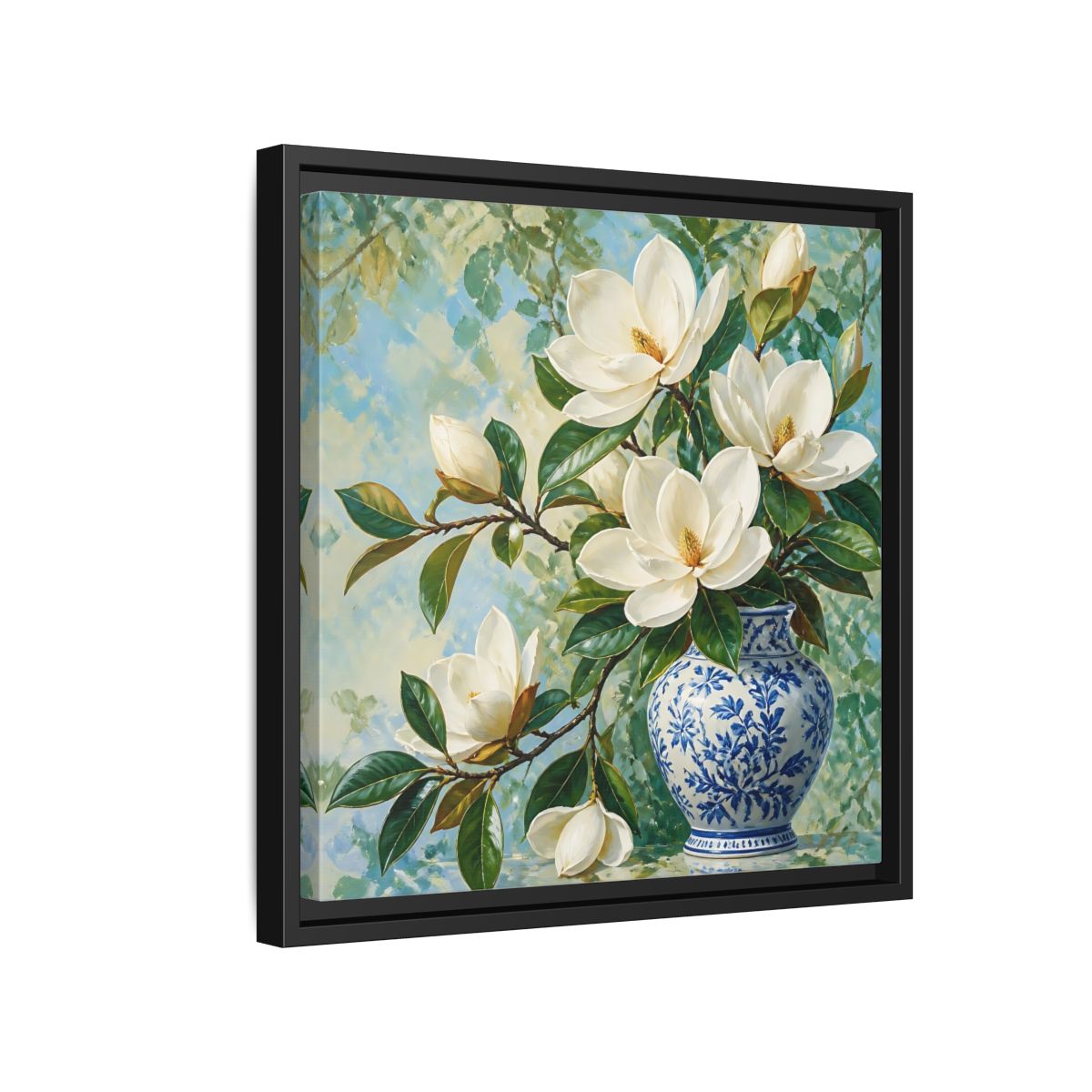 Side Mockup 15. Floral Magnolia Flowers White Blue Floral shown as stretched canvas wall art