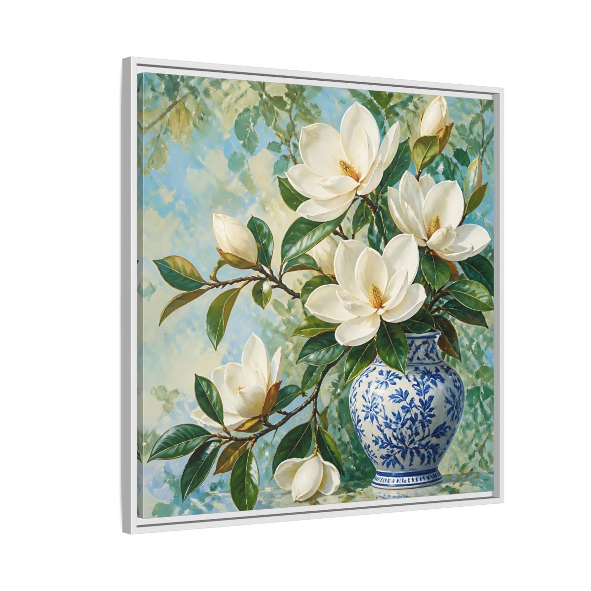 Side Mockup 7. Floral Magnolia Flowers White Blue Floral shown as stretched canvas wall art