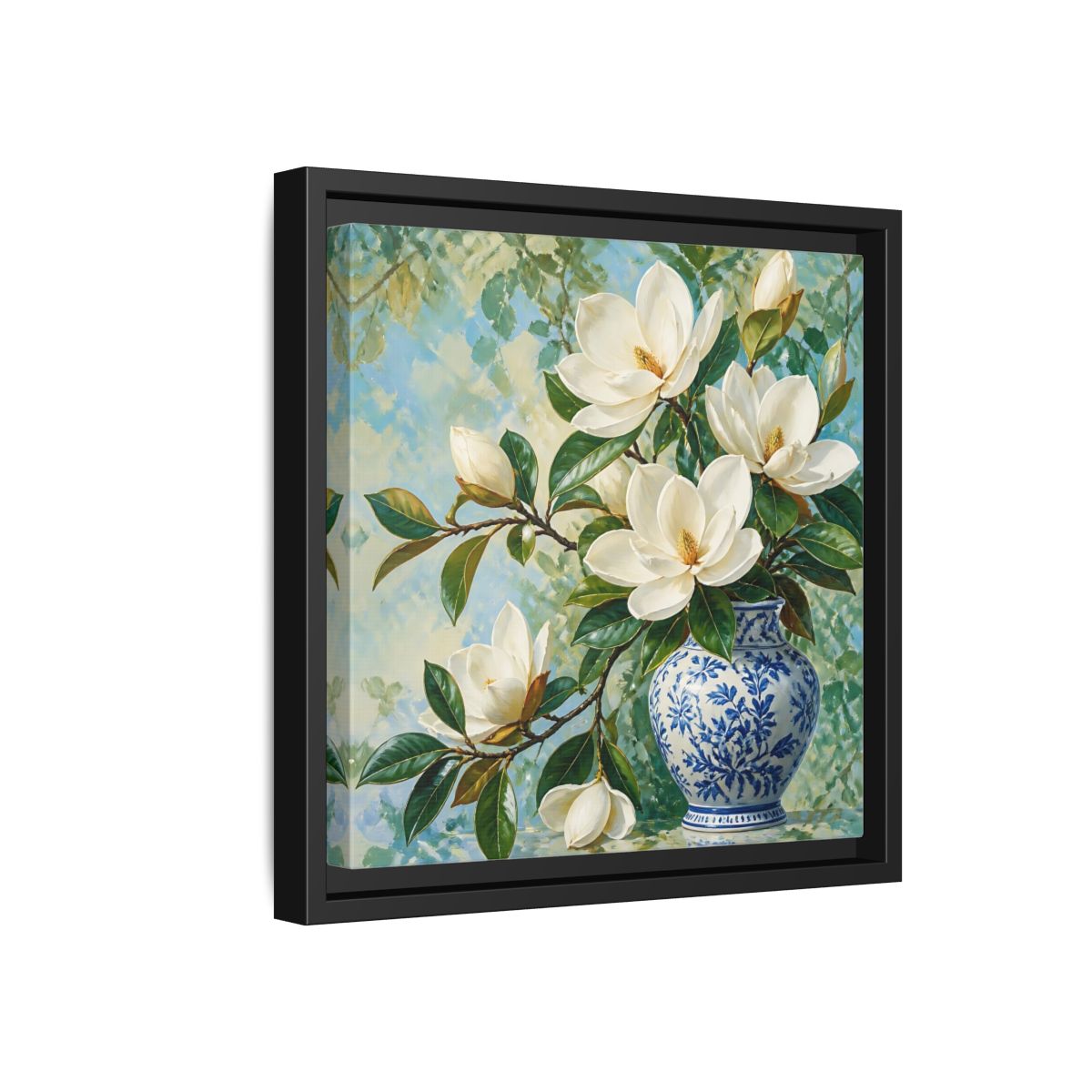 Side Mockup 18. Floral Magnolia Flowers White Blue Floral shown as stretched canvas wall art