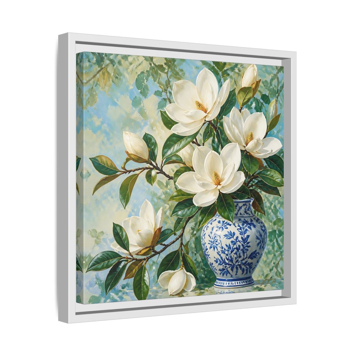 Side Mockup 28. Floral Magnolia Flowers White Blue Floral shown as stretched canvas wall art