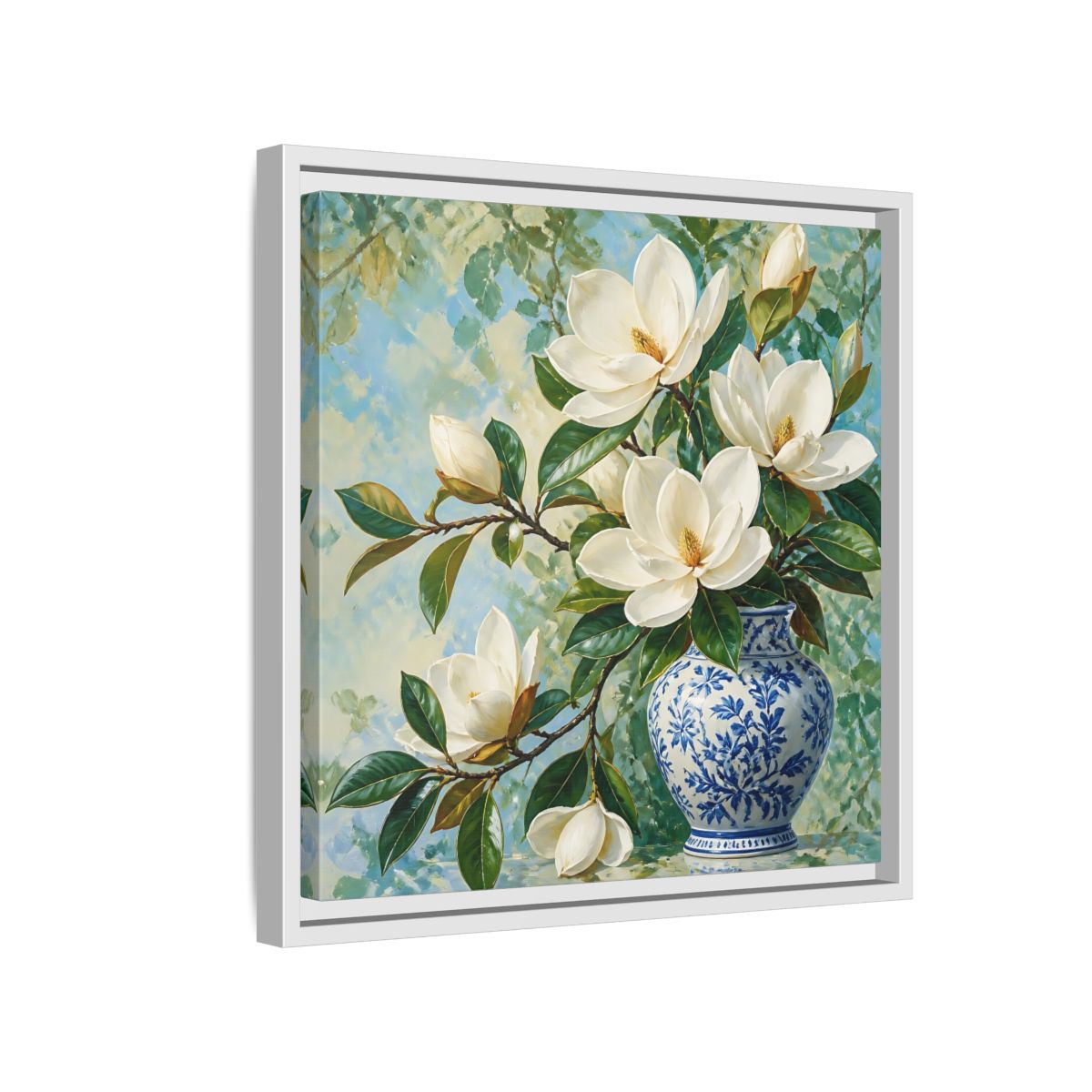 Side Mockup 13. Floral Magnolia Flowers White Blue Floral shown as stretched canvas wall art