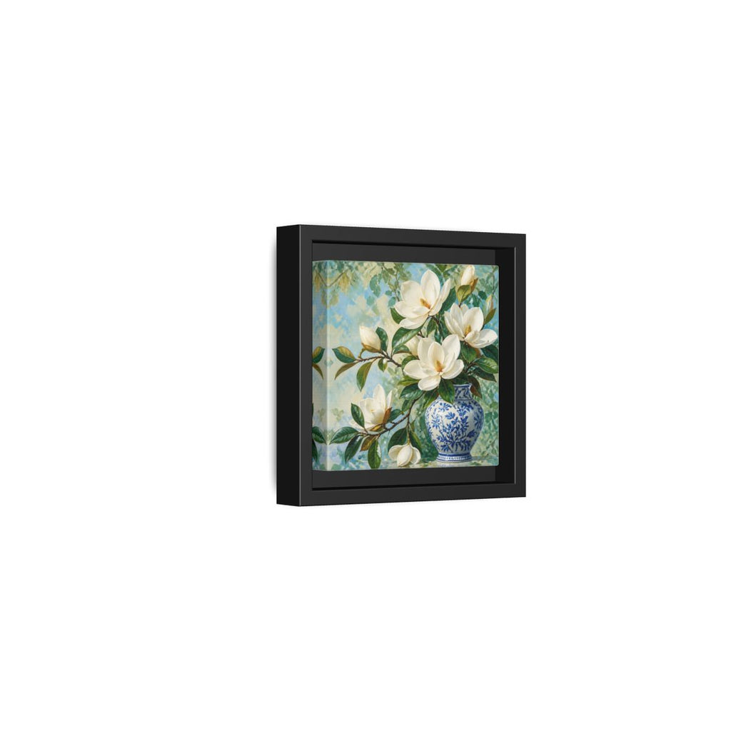 Side Mockup 24. Floral Magnolia Flowers White Blue Floral shown as stretched canvas wall art