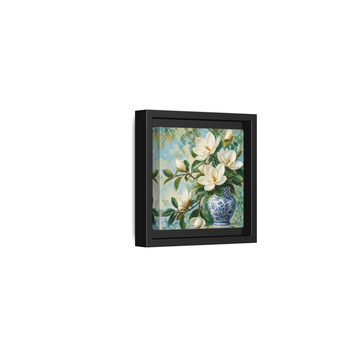 Side Mockup 24. Floral Magnolia Flowers White Blue Floral shown as stretched canvas wall art