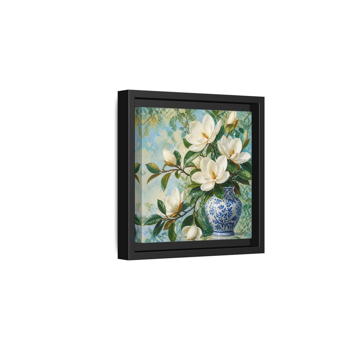 Side Mockup 3. Floral Magnolia Flowers White Blue Floral shown as stretched canvas wall art