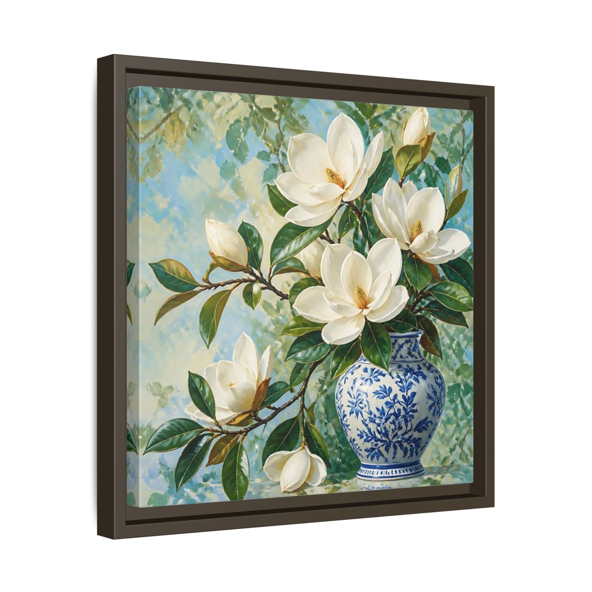 Side Mockup 29. Floral Magnolia Flowers White Blue Floral shown as stretched canvas wall art