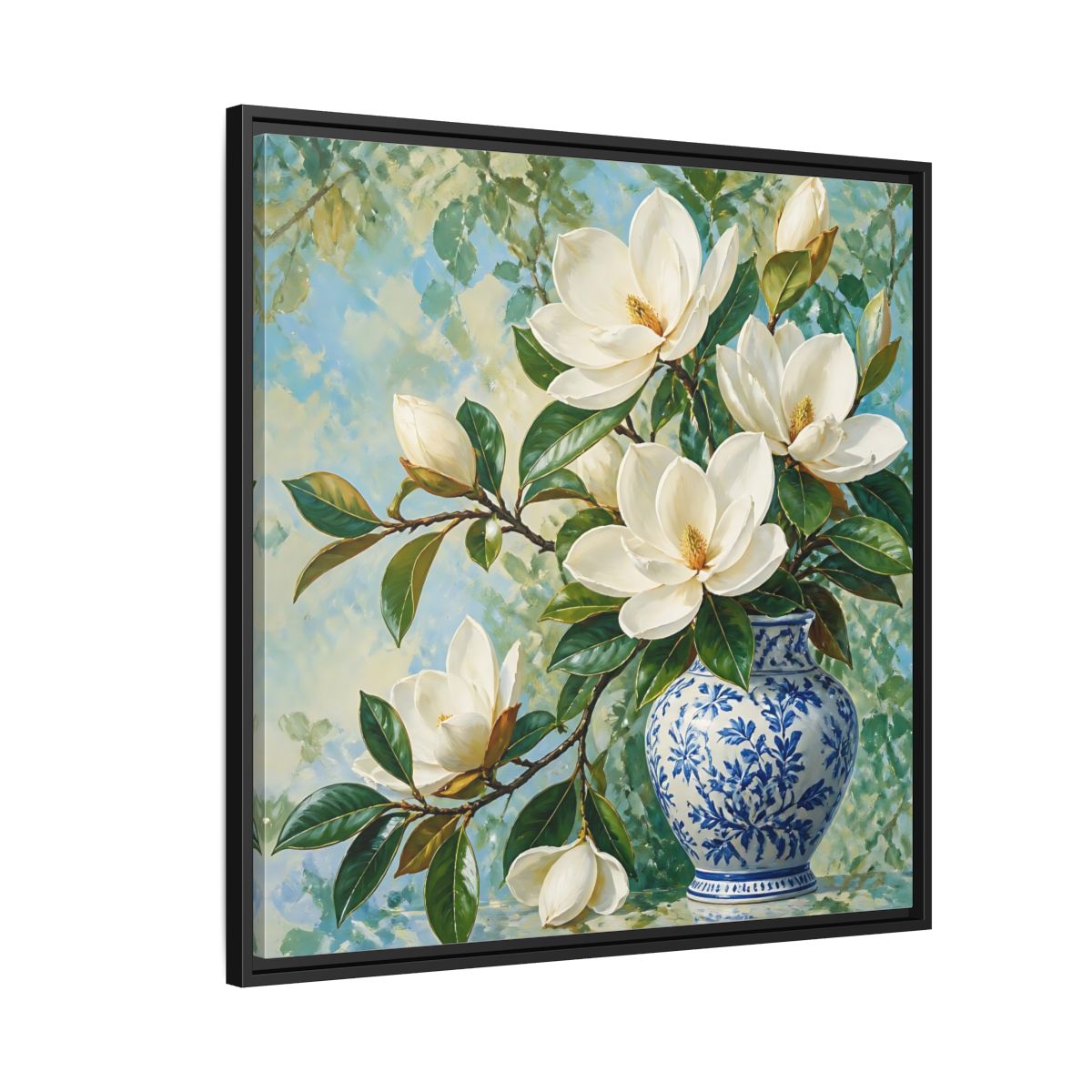 Side Mockup 9. Floral Magnolia Flowers White Blue Floral shown as stretched canvas wall art