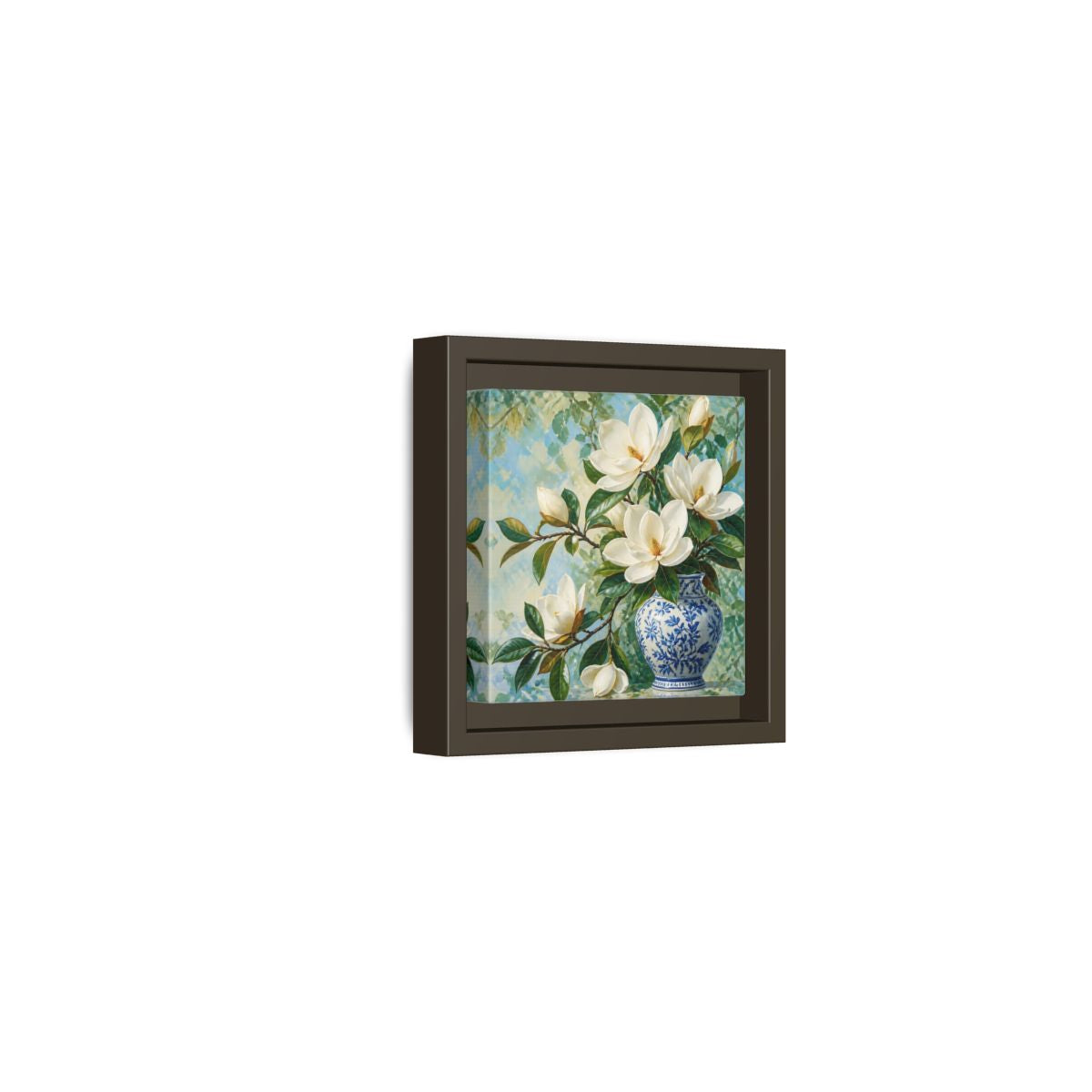 Side Mockup 23. Floral Magnolia Flowers White Blue Floral shown as stretched canvas wall art