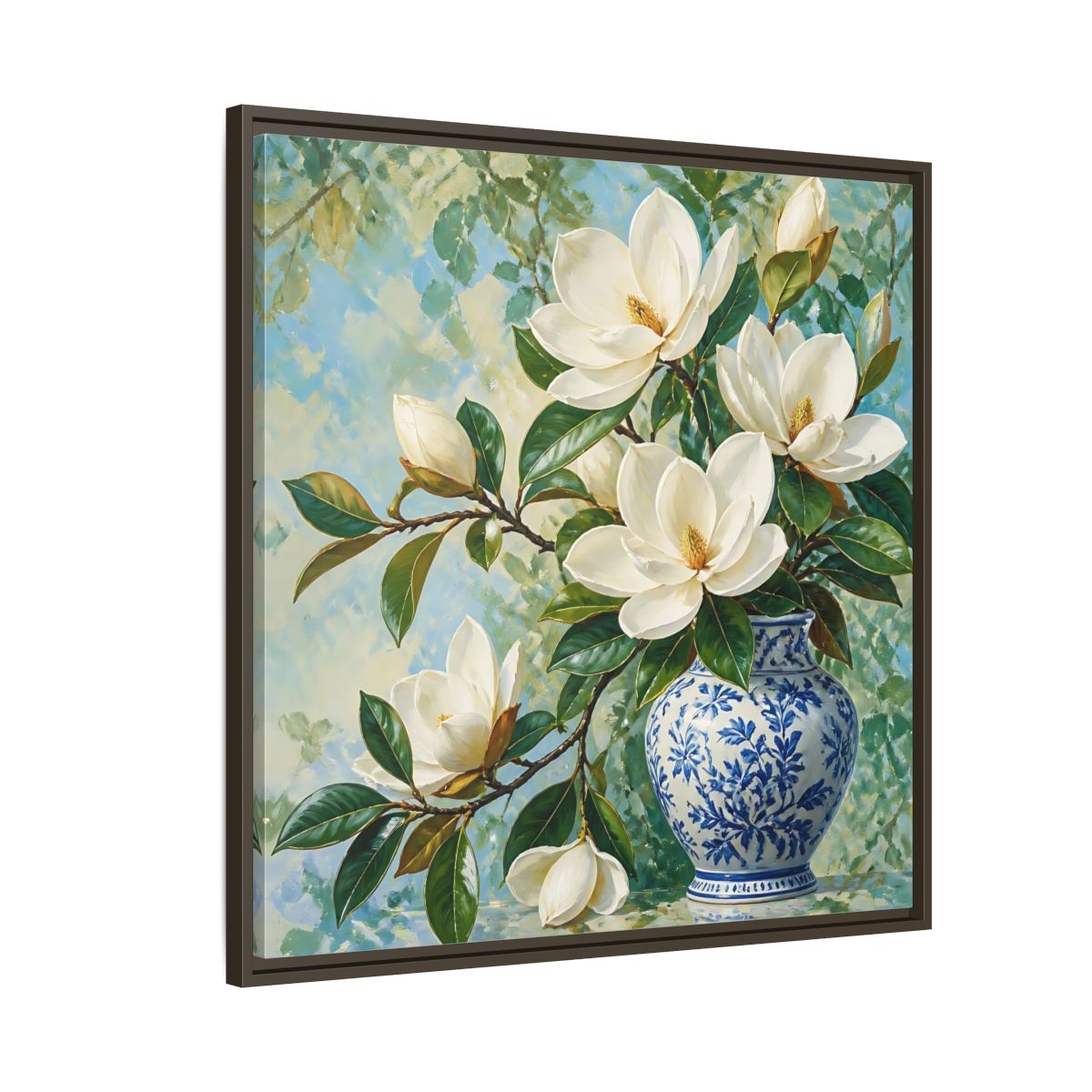 Side Mockup 8. Floral Magnolia Flowers White Blue Floral shown as stretched canvas wall art