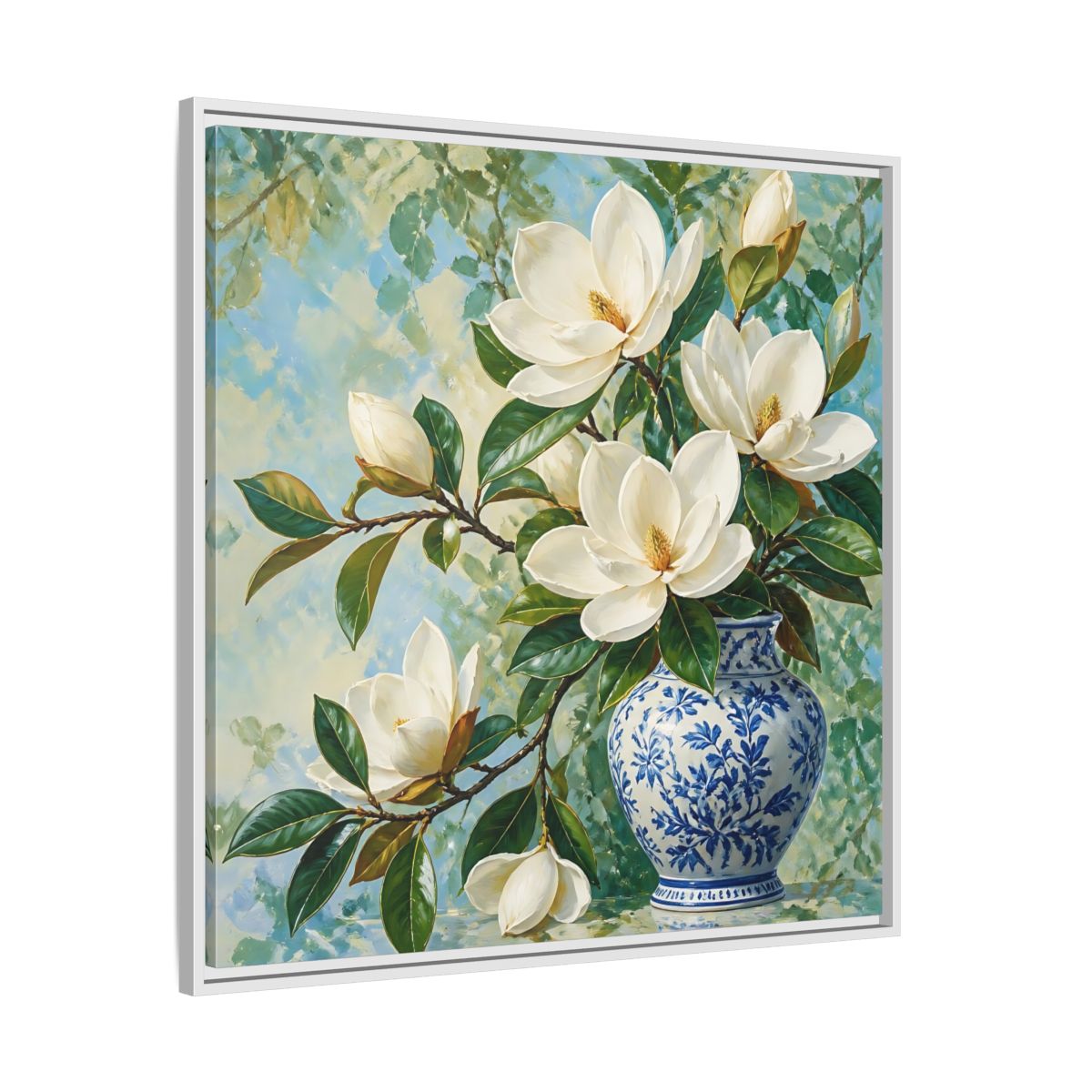 Side Mockup 25. Floral Magnolia Flowers White Blue Floral shown as stretched canvas wall art