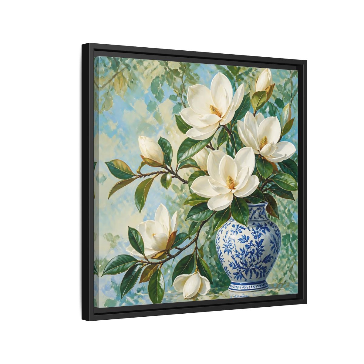 Side Mockup 12. Floral Magnolia Flowers White Blue Floral shown as stretched canvas wall art