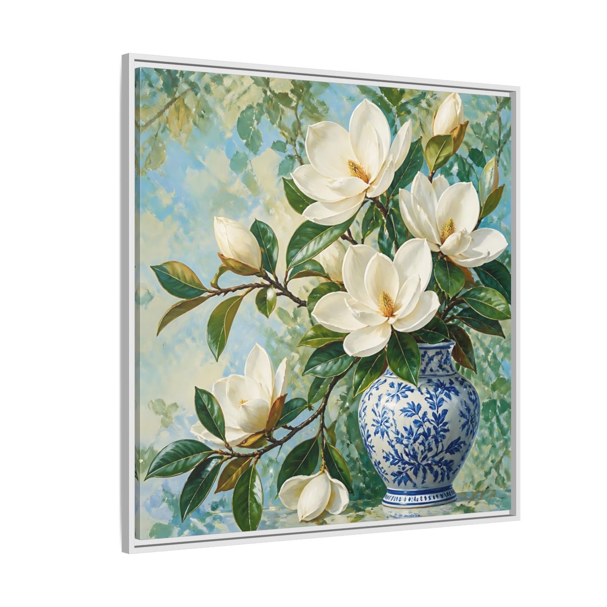 Side Mockup 4. Floral Magnolia Flowers White Blue Floral shown as stretched canvas wall art