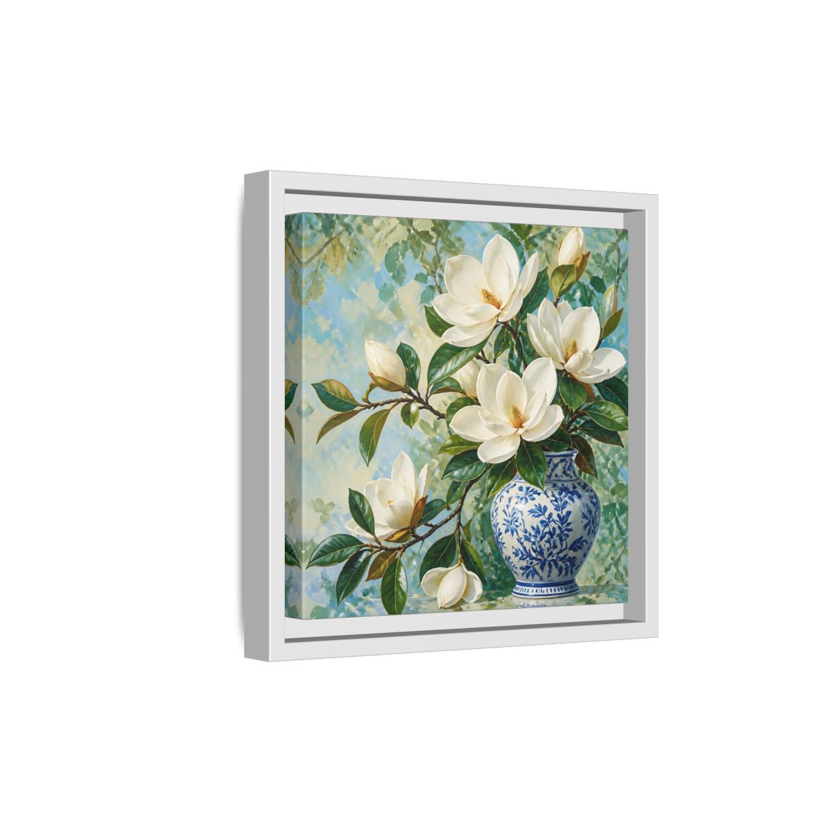 Side Mockup 19. Floral Magnolia Flowers White Blue Floral shown as stretched canvas wall art