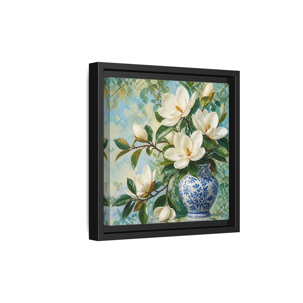 Side Mockup 21. Floral Magnolia Flowers White Blue Floral shown as stretched canvas wall art
