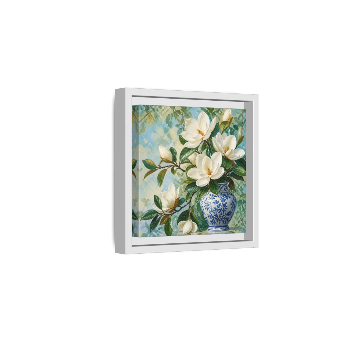 Side Mockup 1. Floral Magnolia Flowers White Blue Floral shown as stretched canvas wall art