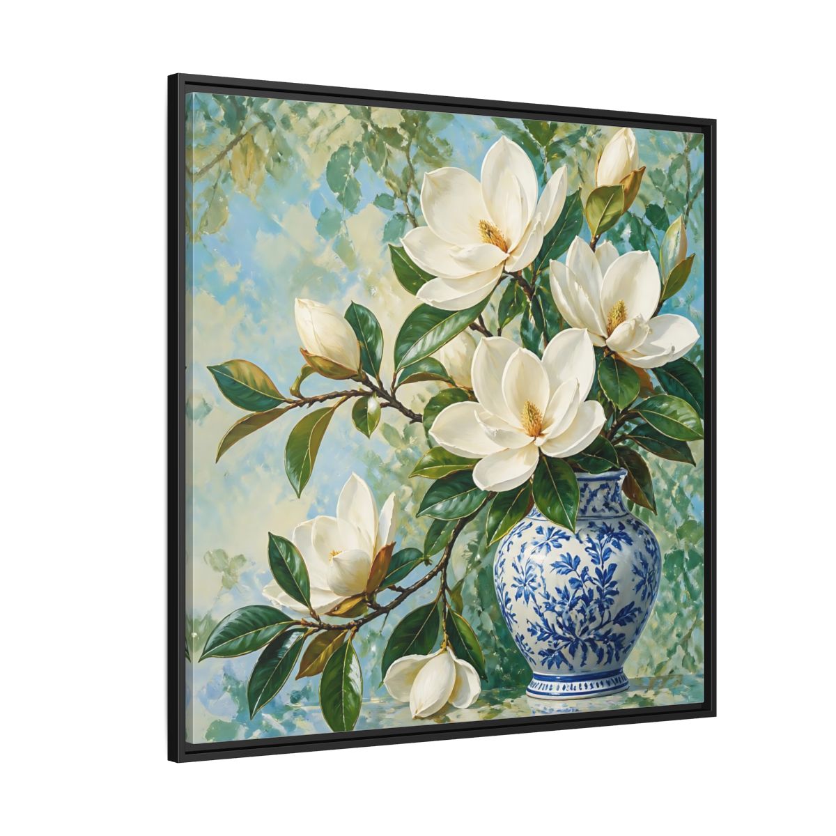 Side Mockup 6. Floral Magnolia Flowers White Blue Floral shown as stretched canvas wall art